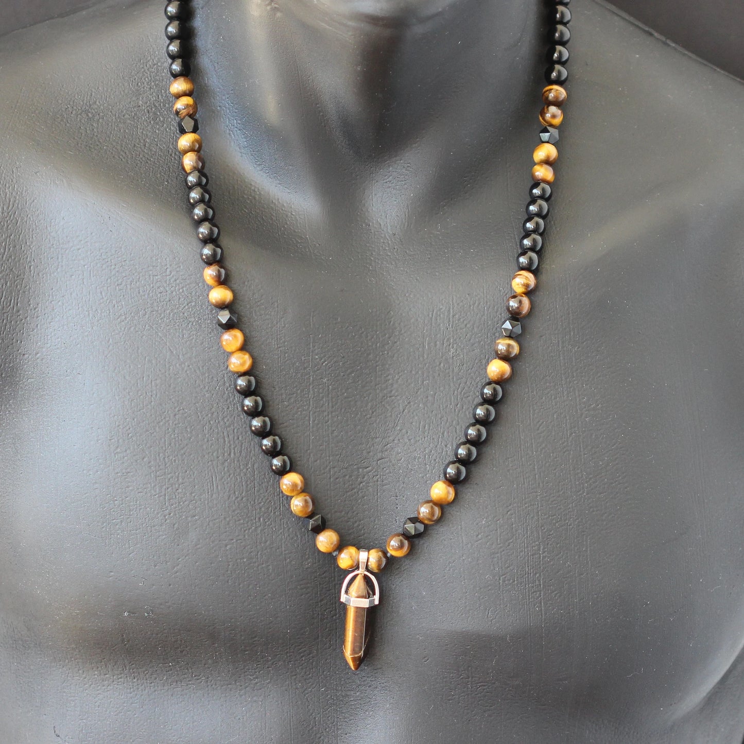 Natural Tiger Eye Pointed Pendant, Tiger Eye & Black Onyx Beaded Macrame Necklace - ElisaJewelryArt