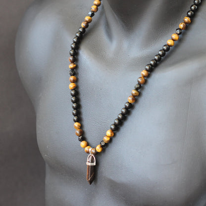 Natural Tiger Eye Pointed Pendant, Tiger Eye & Black Onyx Beaded Macrame Necklace - ElisaJewelryArt