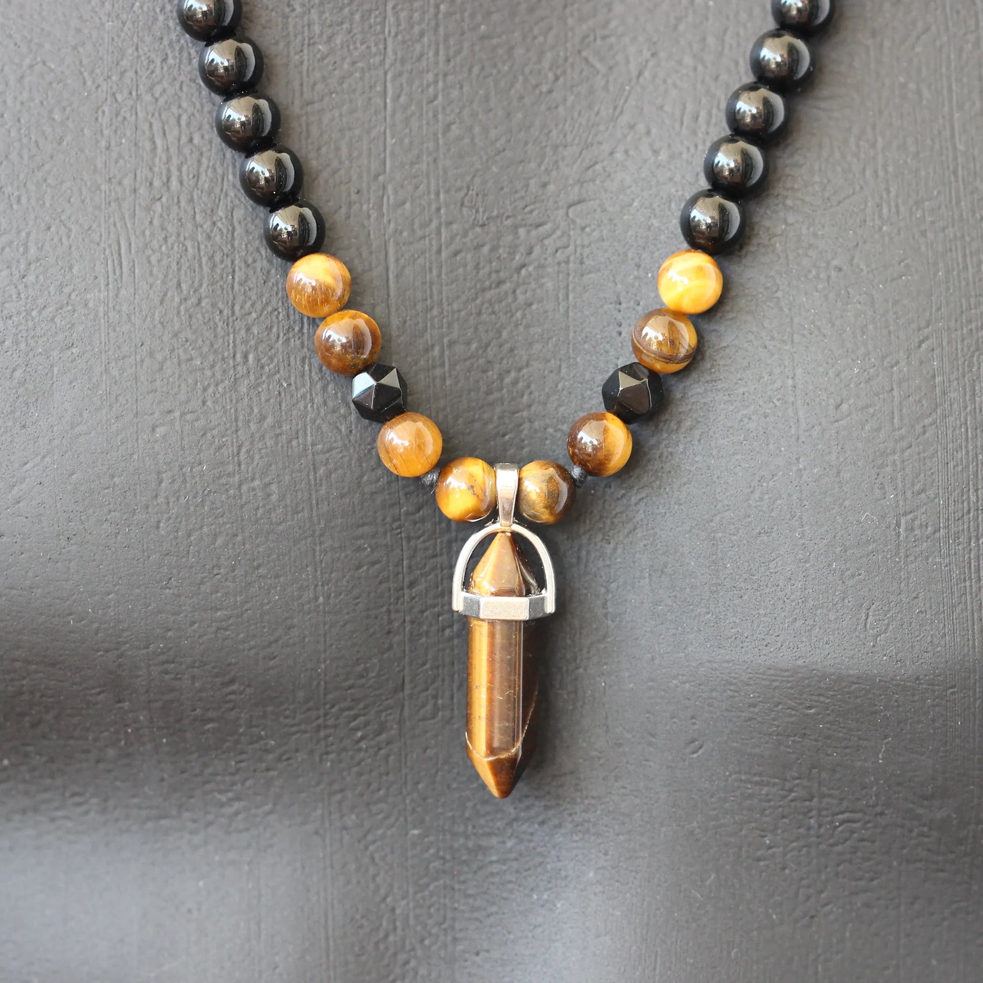 Natural Tiger Eye Pointed Pendant, Tiger Eye & Black Onyx Beaded Macrame Necklace - ElisaJewelryArt