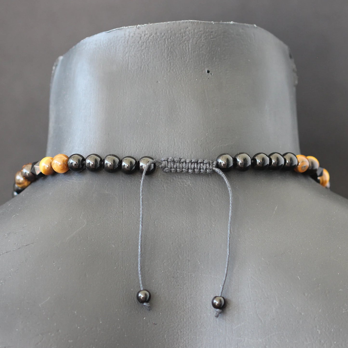 Natural Tiger Eye Pointed Pendant, Tiger Eye & Black Onyx Beaded Macrame Necklace - ElisaJewelryArt