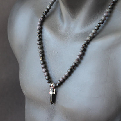 Natural Black Onyx Pointed Pendant, Black Onyx & Matte Black Onyx & Lava Stone Beaded Macrame Necklace - ElisaJewelryArt