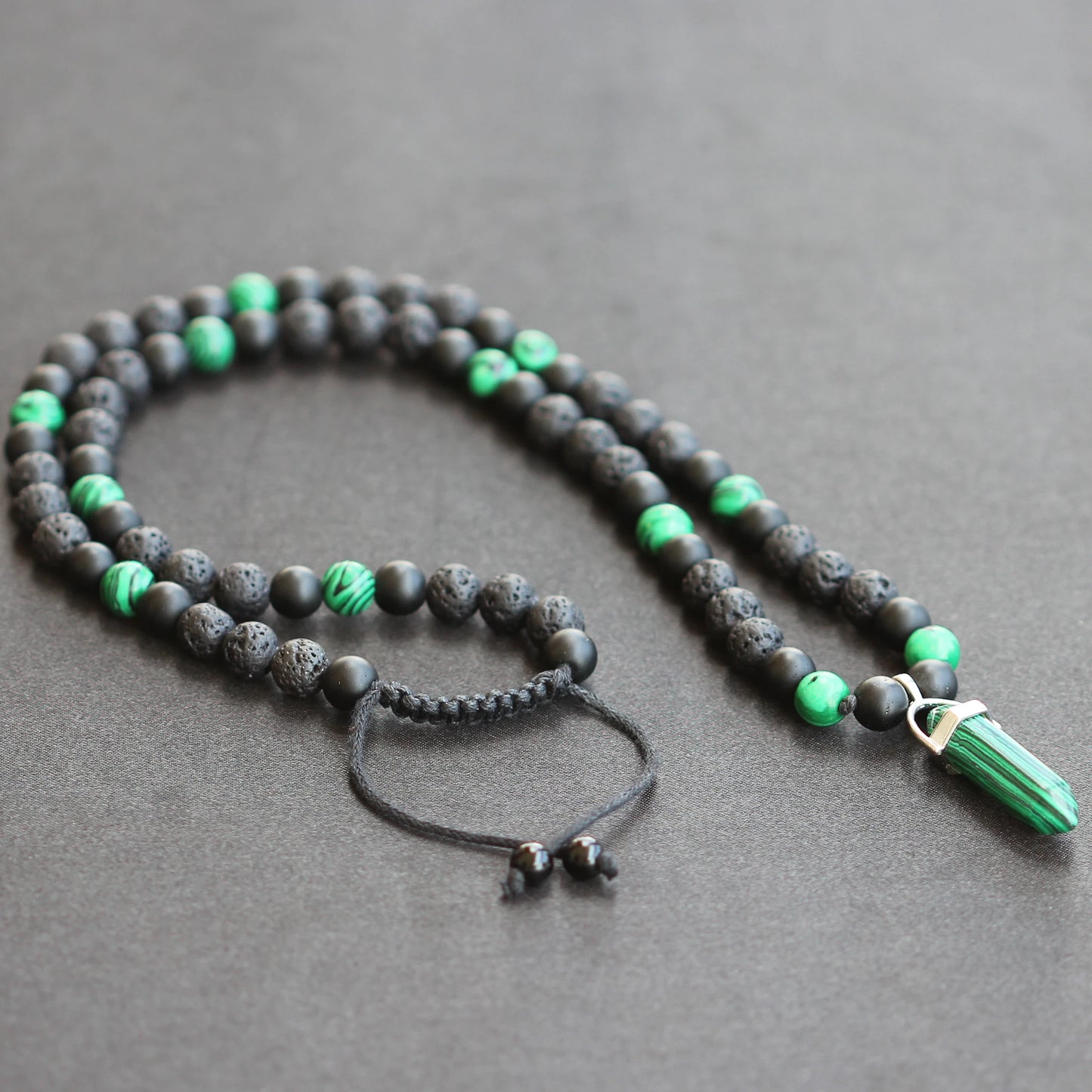 Natural Malachite Pointed Pendant, Malachite & Matte Black Onyx & Lava Stone Beaded Macrame Necklace - ElisaJewelryArt