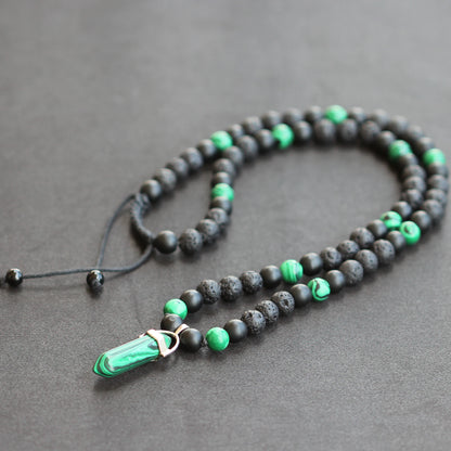 Natural Malachite Pointed Pendant, Malachite & Matte Black Onyx & Lava Stone Beaded Macrame Necklace - ElisaJewelryArt