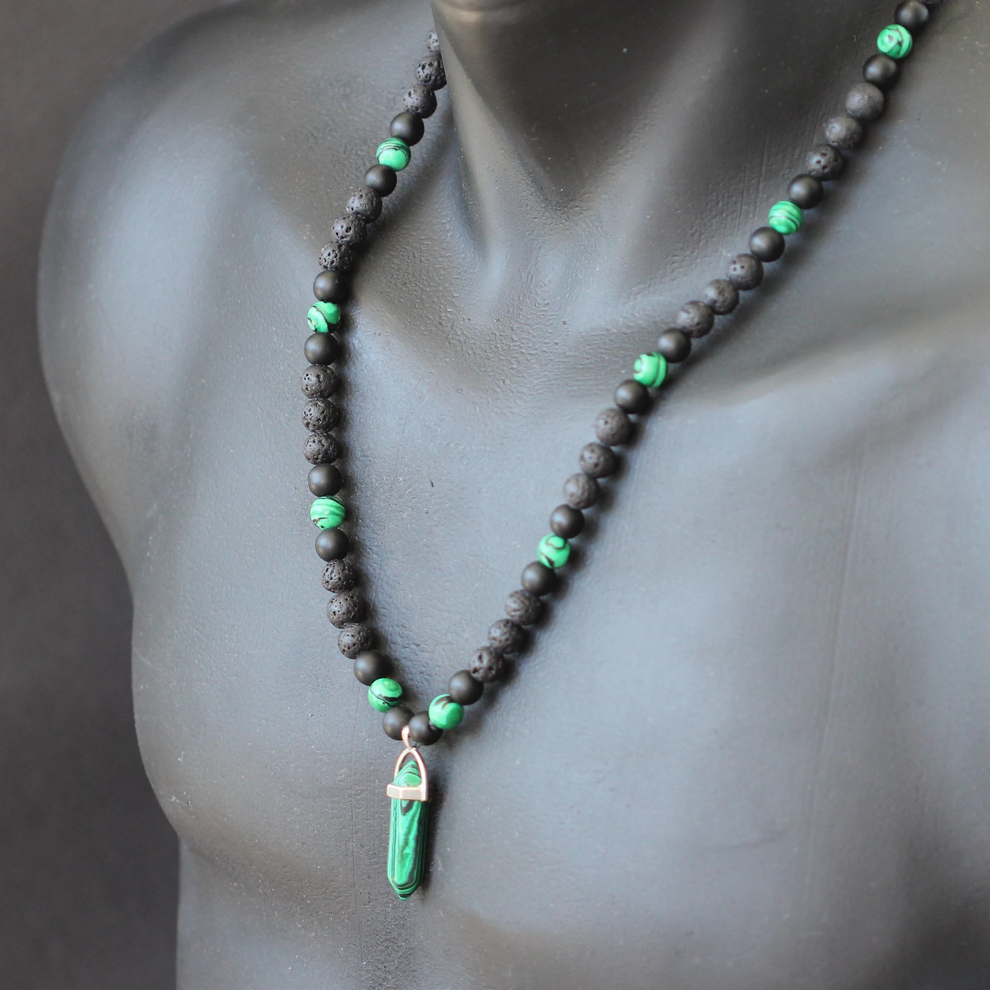 Natural Malachite Pointed Pendant, Malachite & Matte Black Onyx & Lava Stone Beaded Macrame Necklace - ElisaJewelryArt