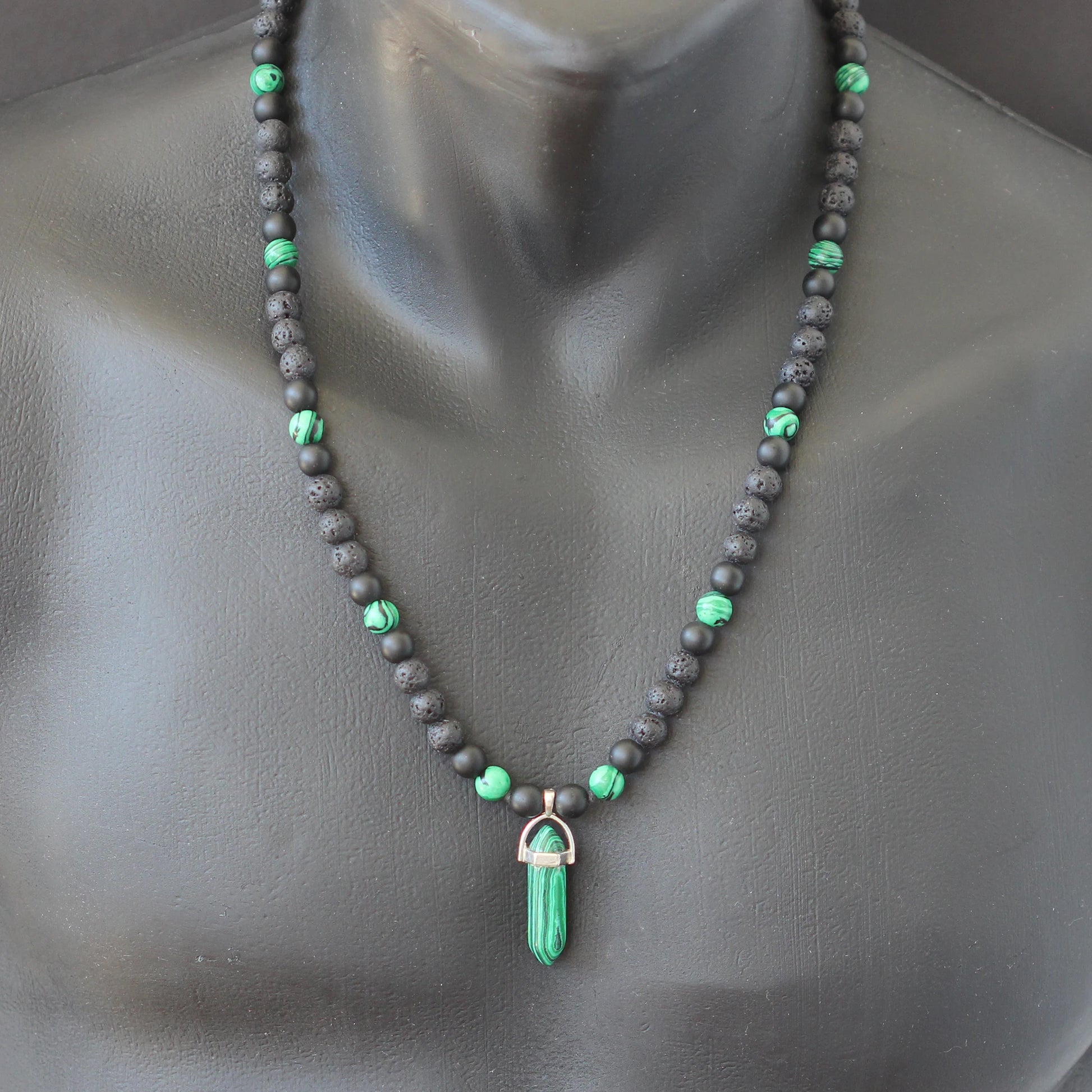 Natural Malachite Pointed Pendant, Malachite & Matte Black Onyx & Lava Stone Beaded Macrame Necklace - ElisaJewelryArt