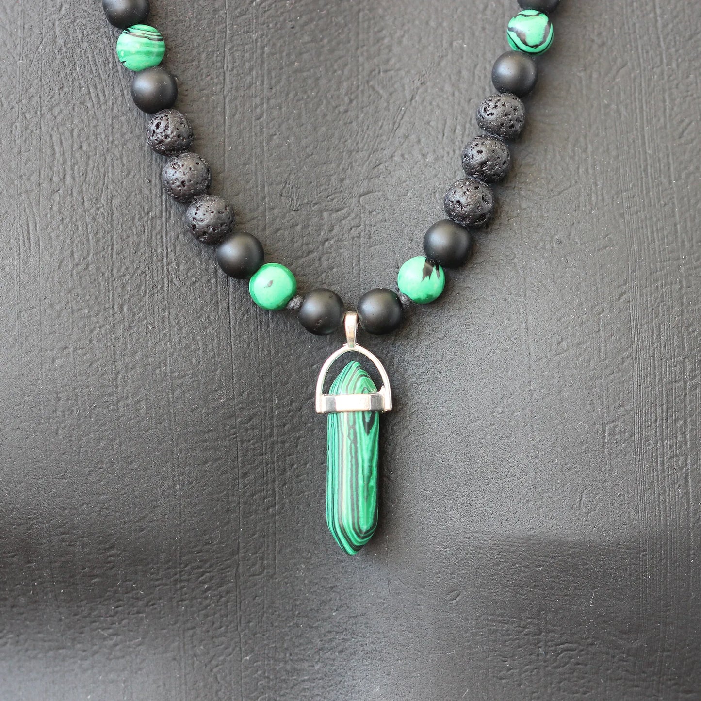 Natural Malachite Pointed Pendant, Malachite & Matte Black Onyx & Lava Stone Beaded Macrame Necklace - ElisaJewelryArt