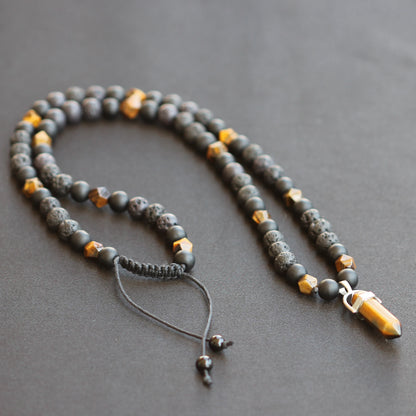 Natural Tiger Eye Pointed Pendant, Tiger Eye & Matte Black Onyx & Lava Stone Beaded Macrame Necklace - ElisaJewelryArt