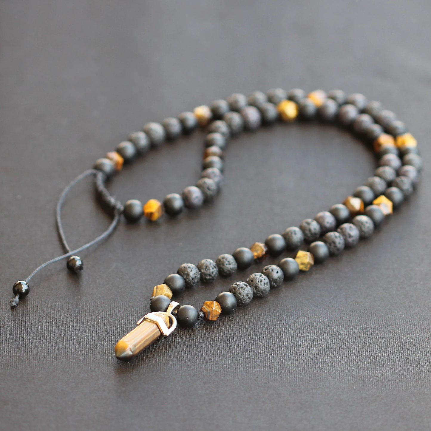 Natural Tiger Eye Pointed Pendant, Tiger Eye & Matte Black Onyx & Lava Stone Beaded Macrame Necklace - ElisaJewelryArt