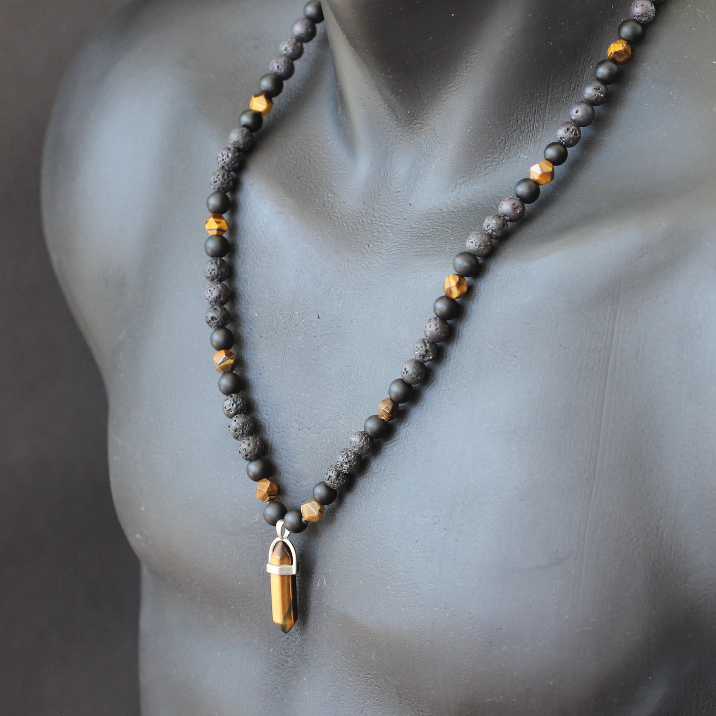 Natural Tiger Eye Pointed Pendant, Tiger Eye & Matte Black Onyx & Lava Stone Beaded Macrame Necklace - ElisaJewelryArt