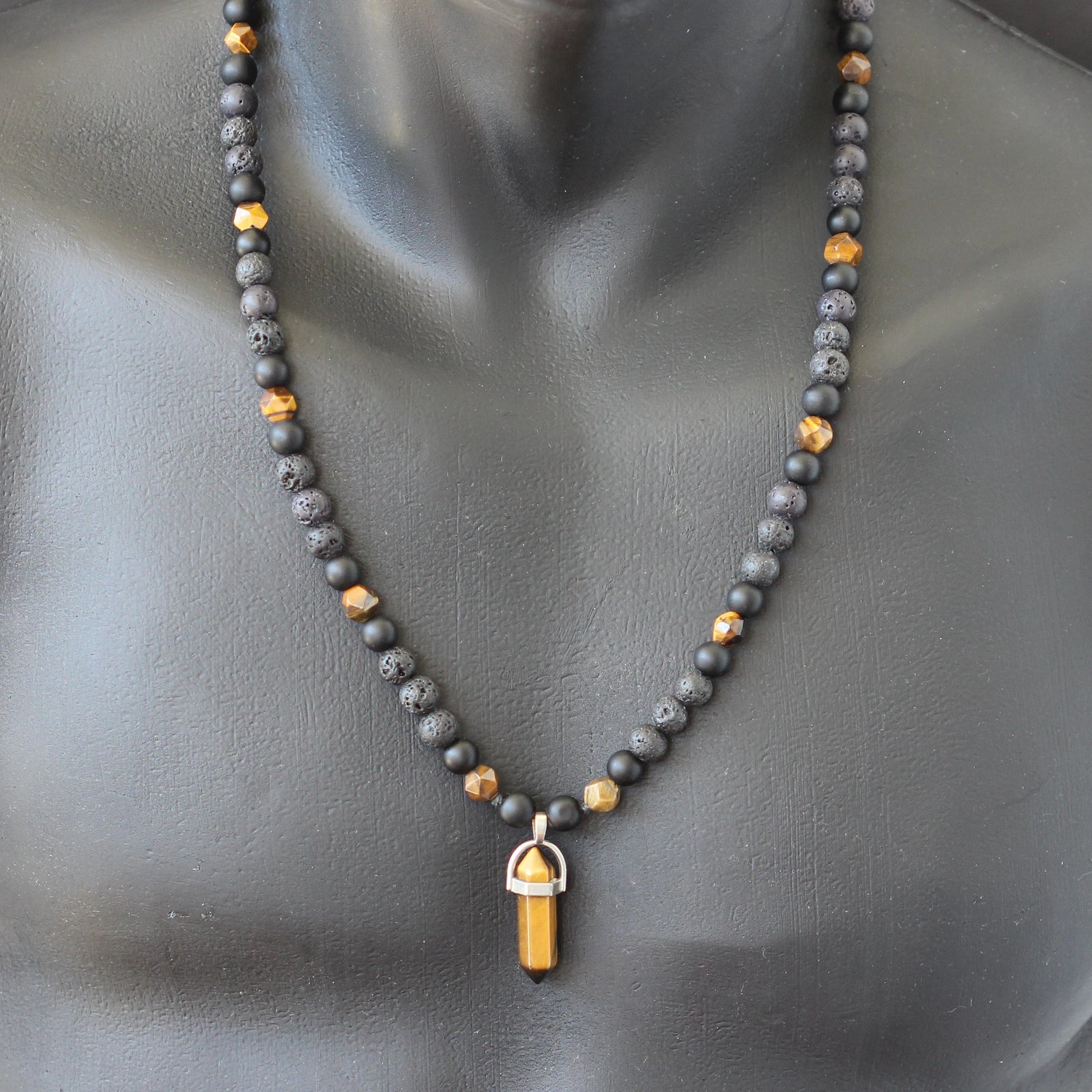 Natural Tiger Eye Pointed Pendant, Tiger Eye & Matte Black Onyx & Lava Stone Beaded Macrame Necklace - ElisaJewelryArt