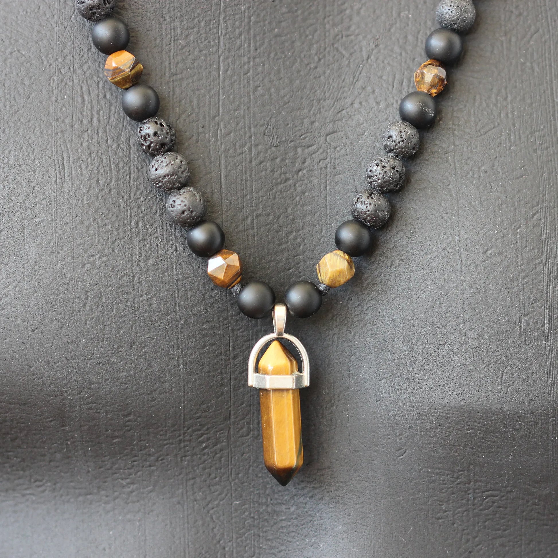 Natural Tiger Eye Pointed Pendant, Tiger Eye & Matte Black Onyx & Lava Stone Beaded Macrame Necklace - ElisaJewelryArt