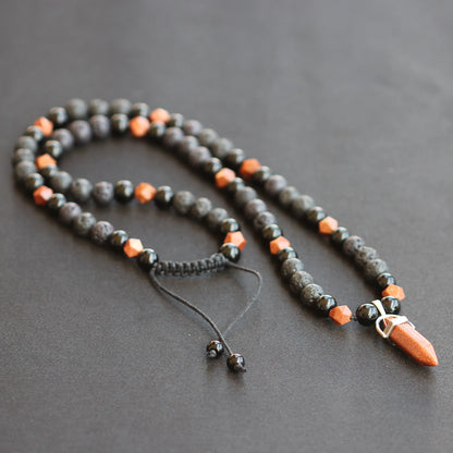 Natural Gold Sandstone Pointed Pendant, Gold Sandstone & Matte Black Onyx & Lava Stone Beaded Macrame Necklace - ElisaJewelryArt