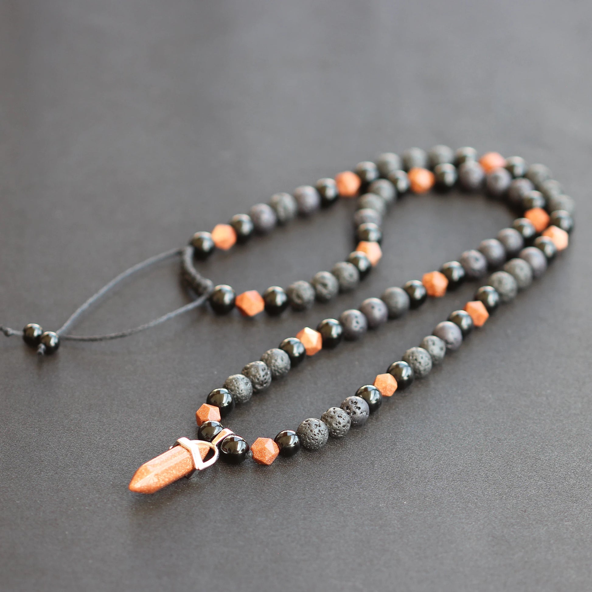 Natural Gold Sandstone Pointed Pendant, Gold Sandstone & Matte Black Onyx & Lava Stone Beaded Macrame Necklace - ElisaJewelryArt