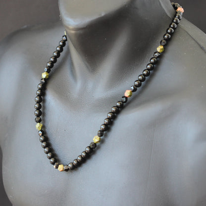 Natural Unakite & Black Onyx Beaded Macrame Choker Necklace - ElisaJewelryArt