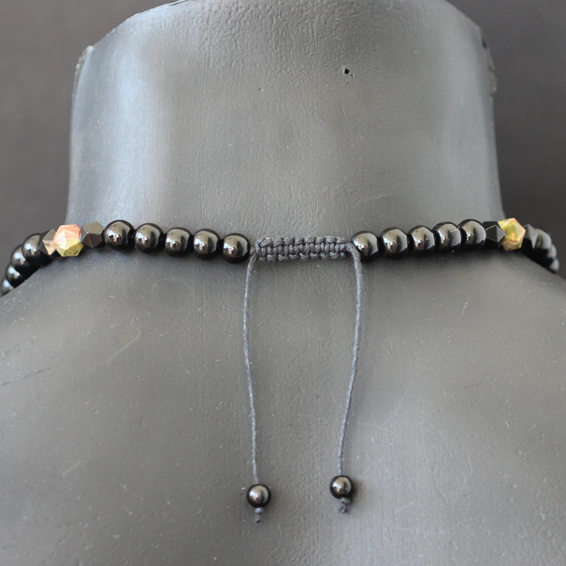 Natural Unakite & Black Onyx Beaded Macrame Choker Necklace - ElisaJewelryArt