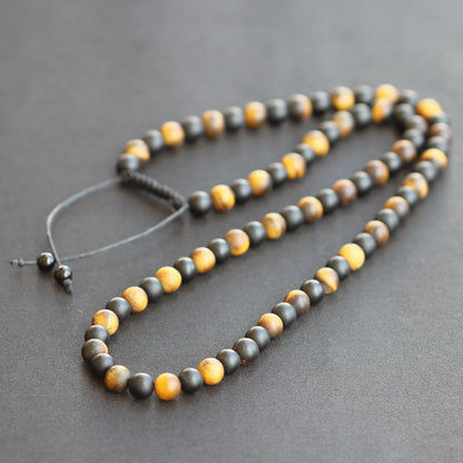 Natural Matte Tiger Eye & Matte Black Onyx Beaded Macrame Choker Necklace - ElisaJewelryArt