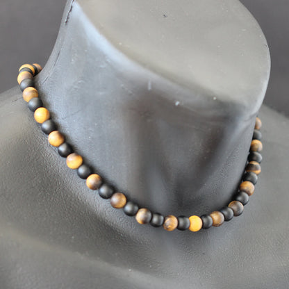 Natural Matte Tiger Eye & Matte Black Onyx Beaded Macrame Choker Necklace - ElisaJewelryArt