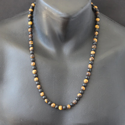 Natural Matte Tiger Eye & Matte Black Onyx Beaded Macrame Choker Necklace - ElisaJewelryArt