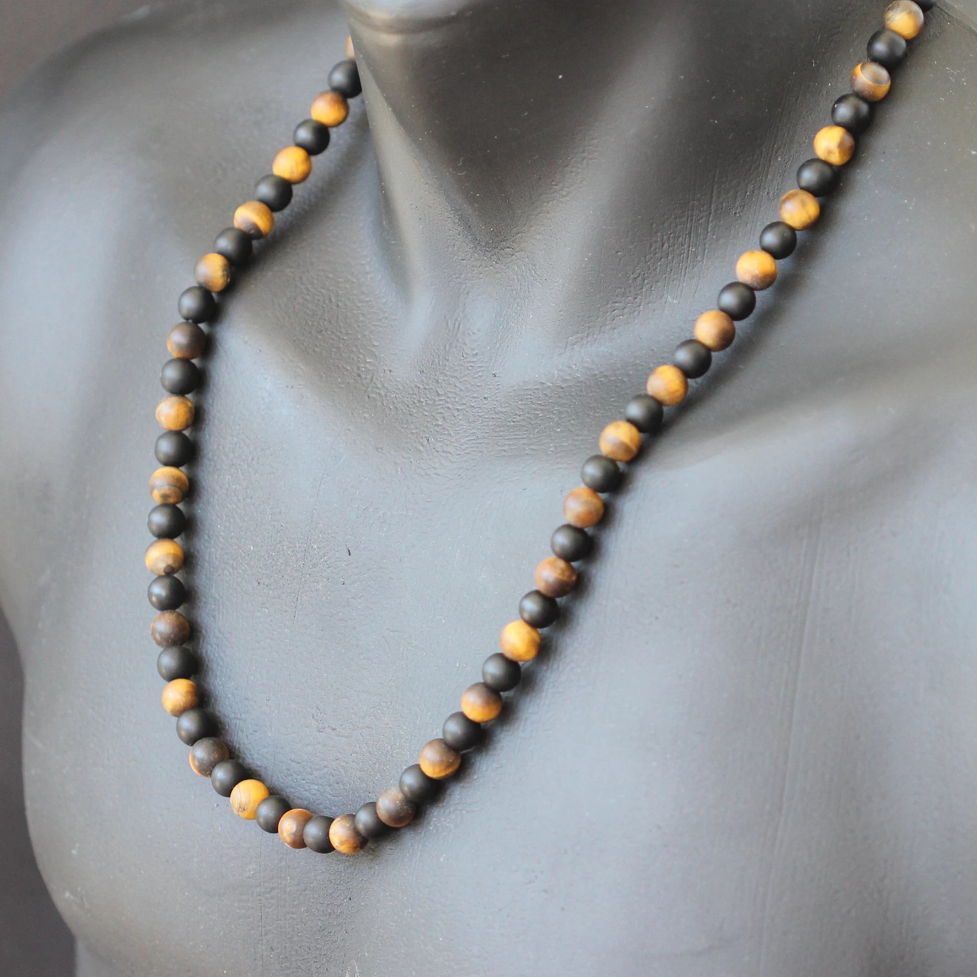 Natural Matte Tiger Eye & Matte Black Onyx Beaded Macrame Choker Necklace - ElisaJewelryArt