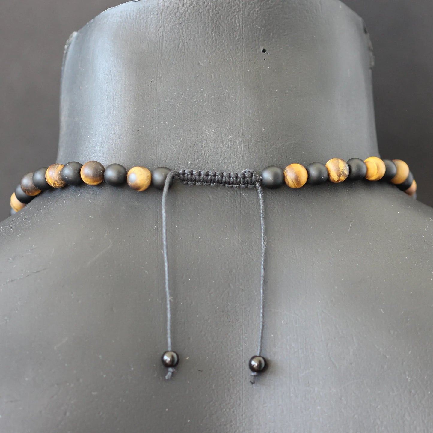 Natural Matte Tiger Eye & Matte Black Onyx Beaded Macrame Choker Necklace - ElisaJewelryArt