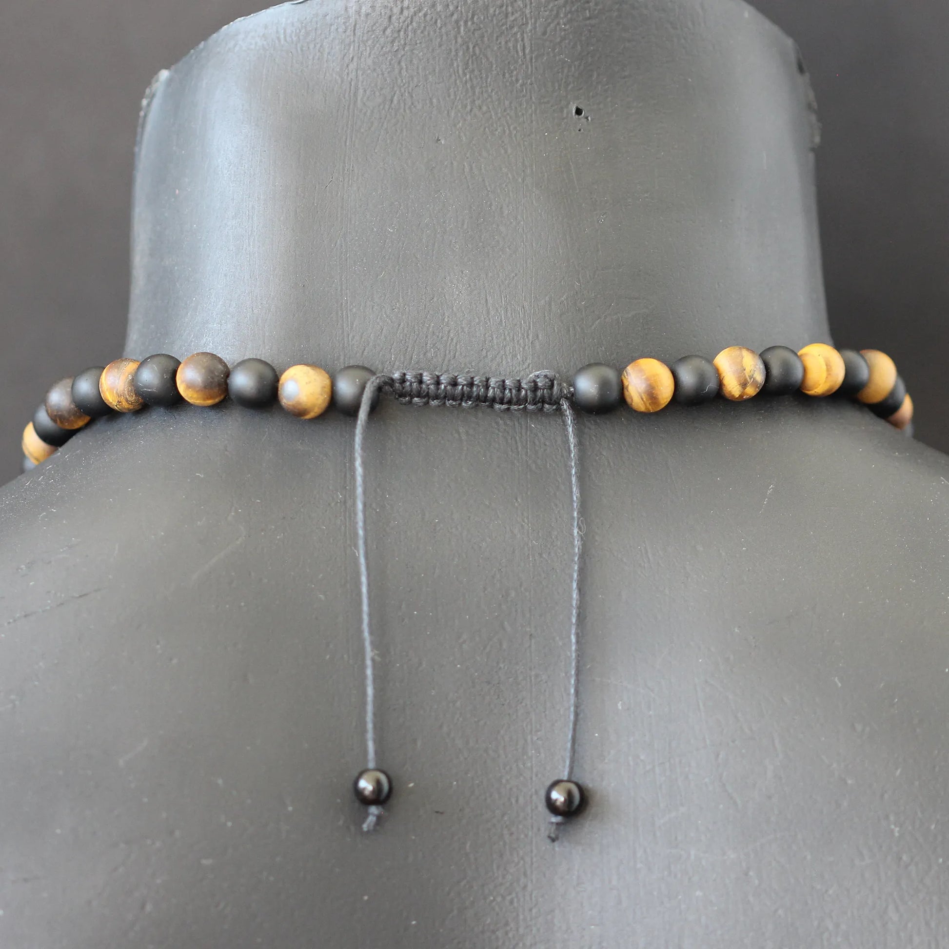 Natural Matte Tiger Eye & Matte Black Onyx Beaded Macrame Choker Necklace - ElisaJewelryArt