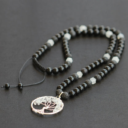 Natural Clear Quartz Tree Of Life Pendant, Clear Quartz & Black Onyx & Lava Stone Beaded Macrame Necklace - ElisaJewelryArt