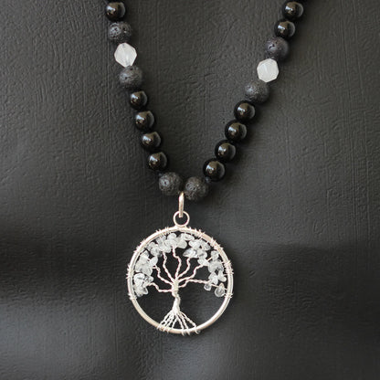 Natural Clear Quartz Tree Of Life Pendant, Clear Quartz & Black Onyx & Lava Stone Beaded Macrame Necklace - ElisaJewelryArt