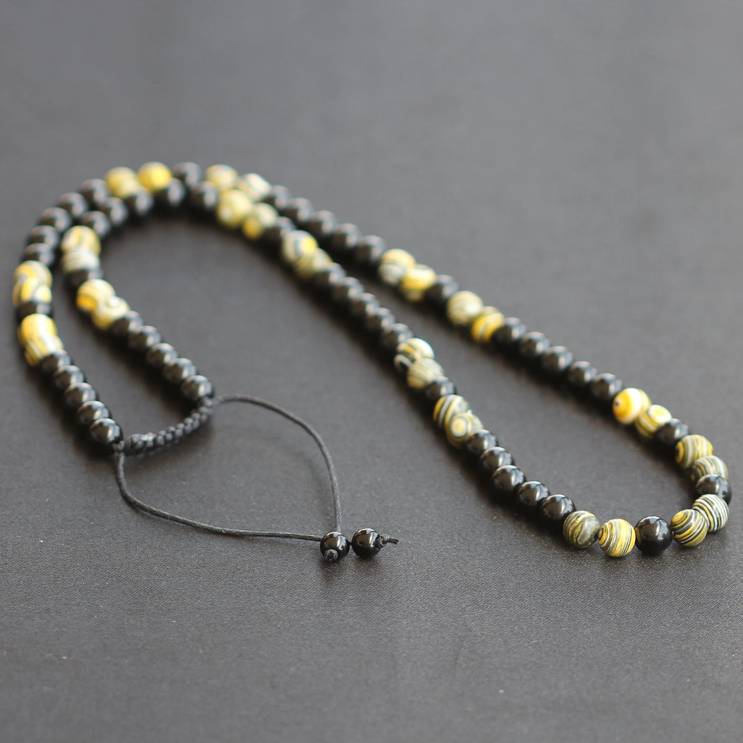 Natural Yellow Fordite & Black Onyx Beaded Macrame Choker Necklace - ElisaJewelryArt