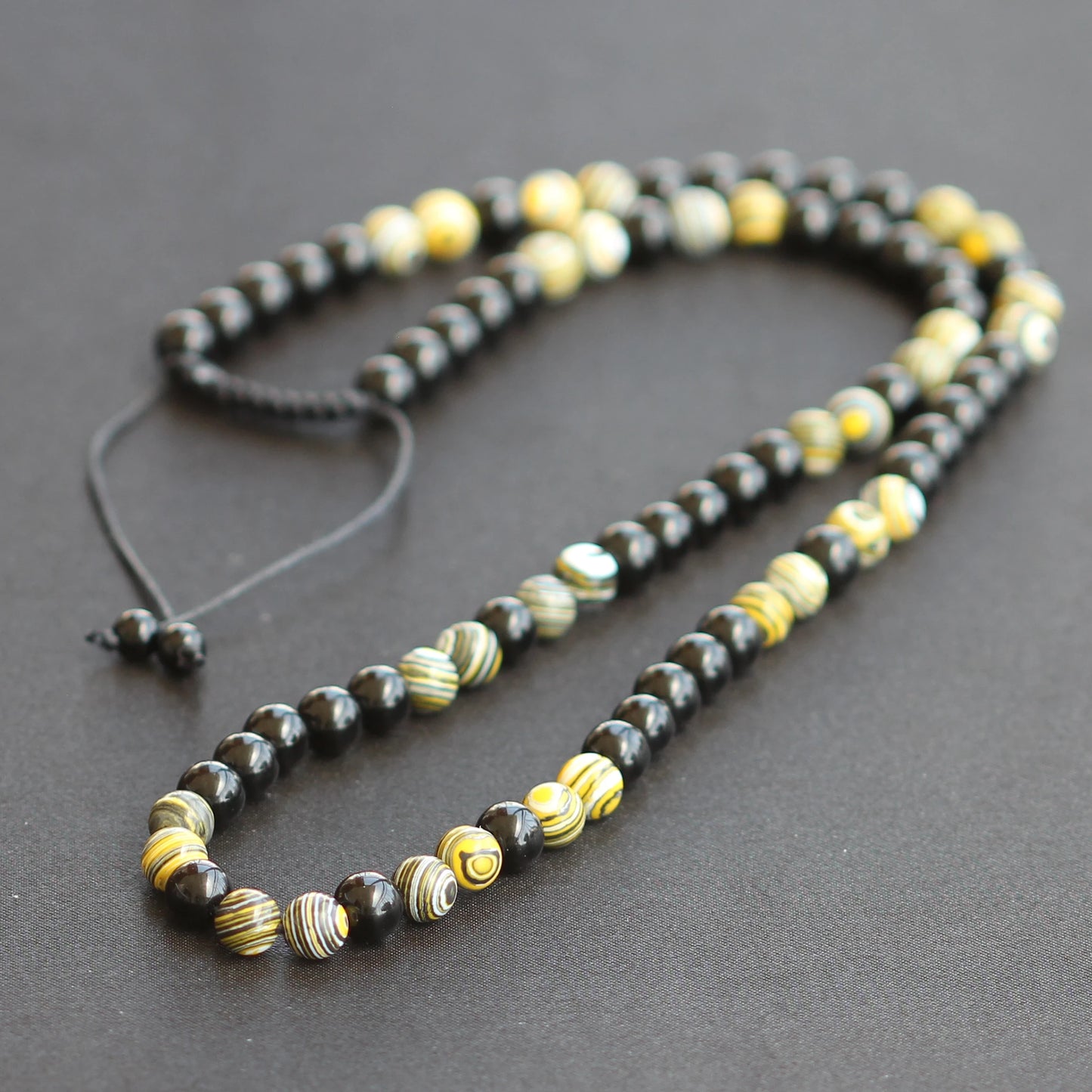 Natural Yellow Fordite & Black Onyx Beaded Macrame Choker Necklace - ElisaJewelryArt