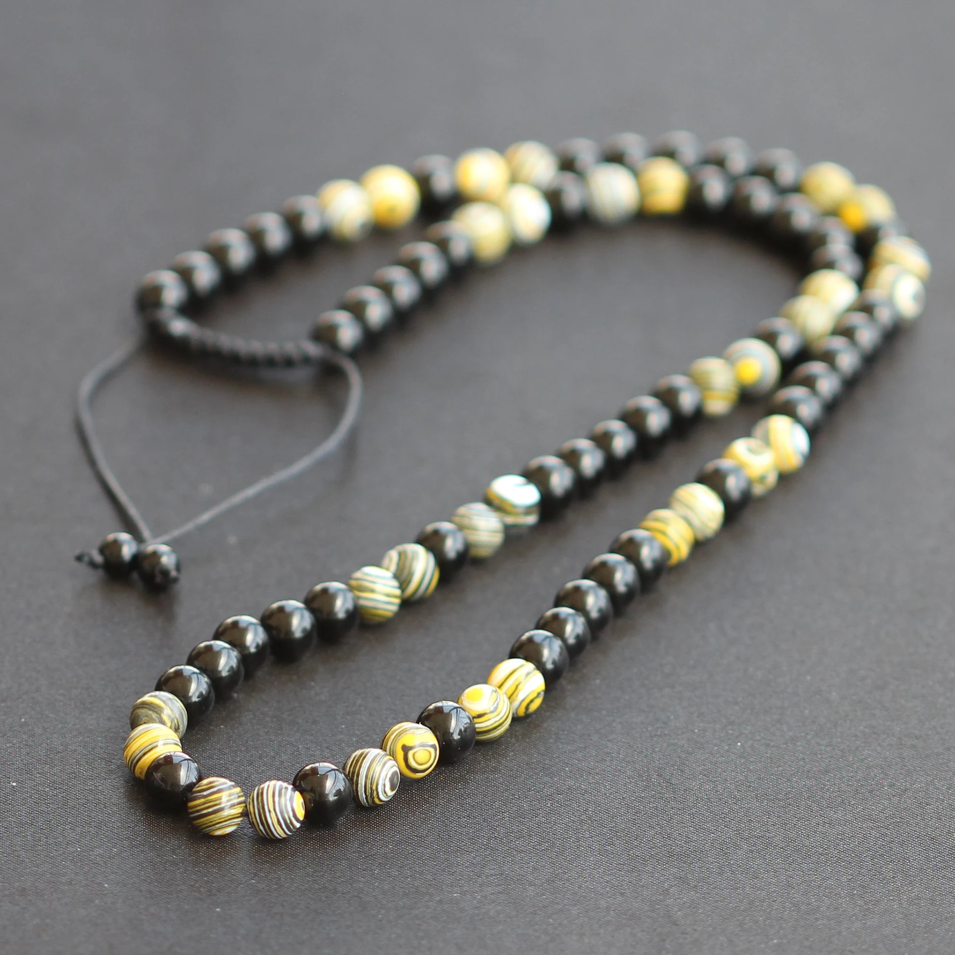 Natural Yellow Fordite & Black Onyx Beaded Macrame Choker Necklace - ElisaJewelryArt