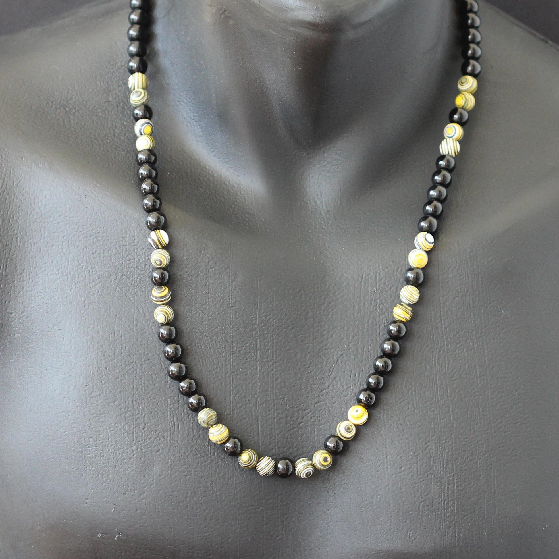 Natural Yellow Fordite & Black Onyx Beaded Macrame Choker Necklace - ElisaJewelryArt