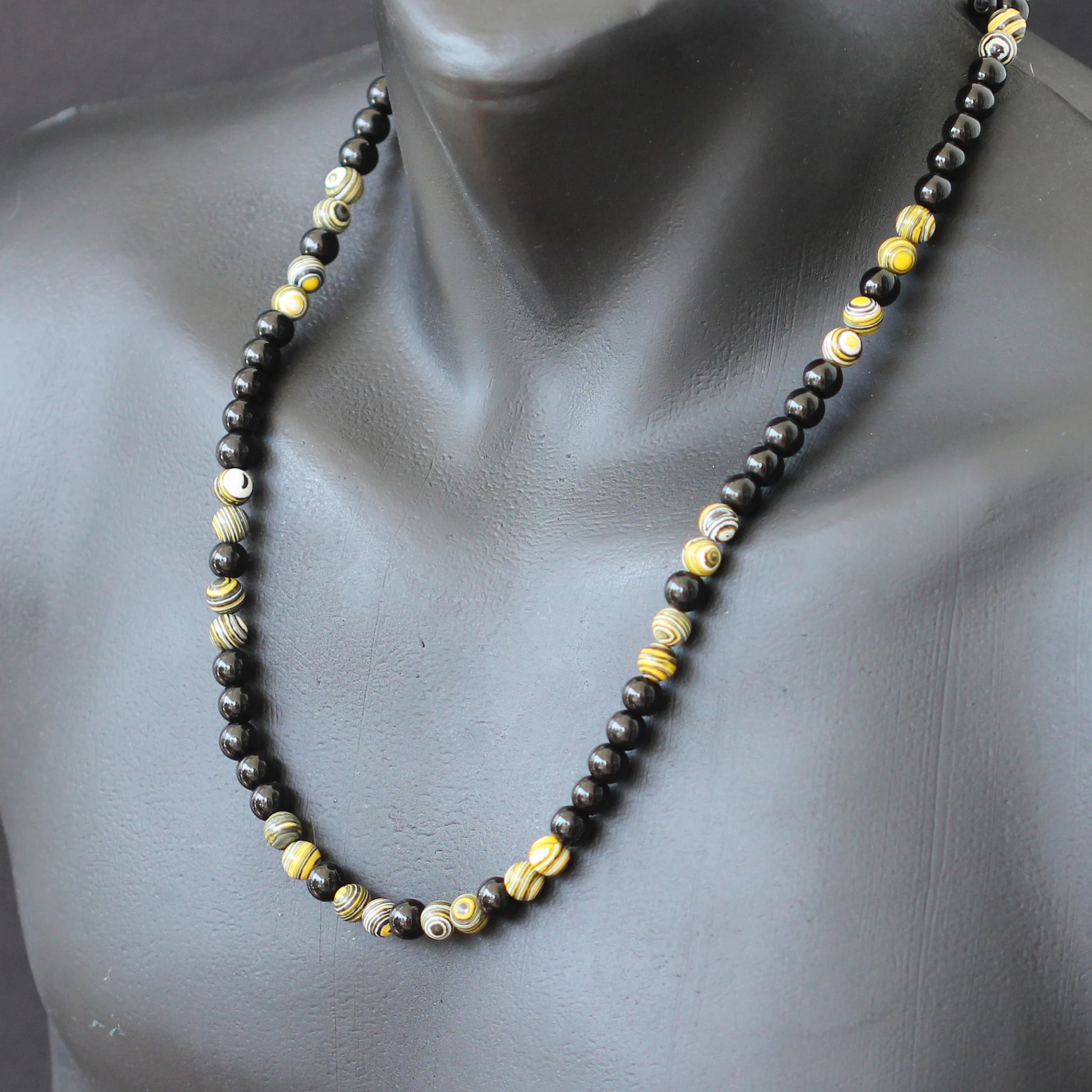 Natural Yellow Fordite & Black Onyx Beaded Macrame Choker Necklace - ElisaJewelryArt