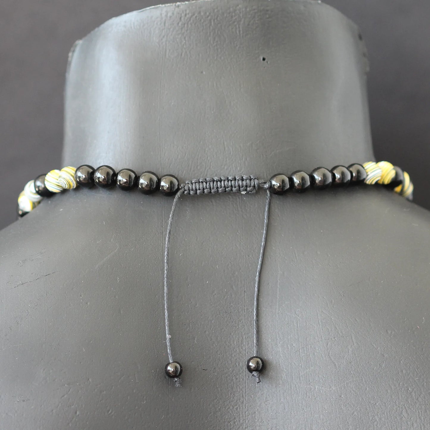 Natural Yellow Fordite & Black Onyx Beaded Macrame Choker Necklace - ElisaJewelryArt