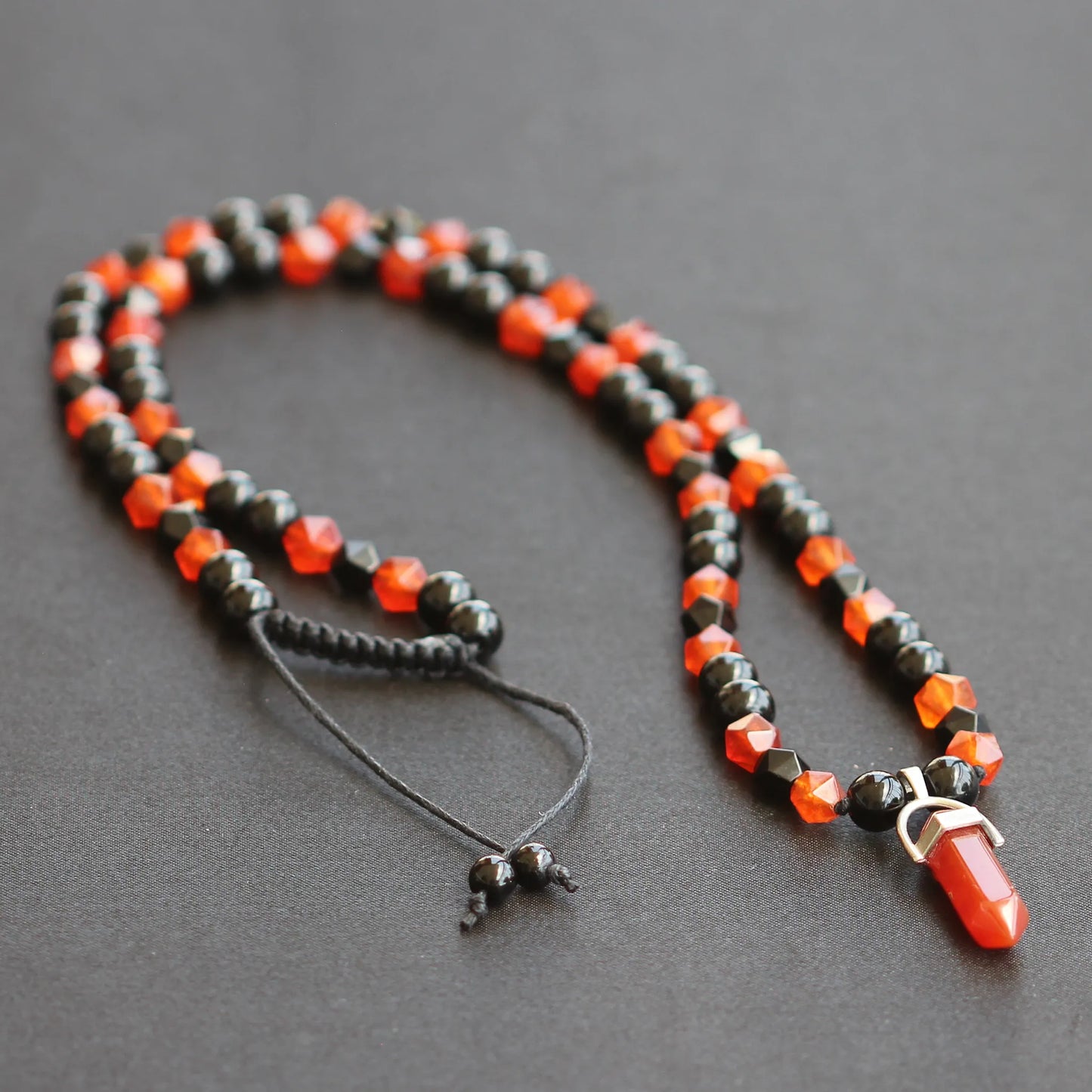 Natural Fire Agate Pointed Pendant, Fire Agate & Black Onyx Beaded Macrame Necklace - ElisaJewelryArt