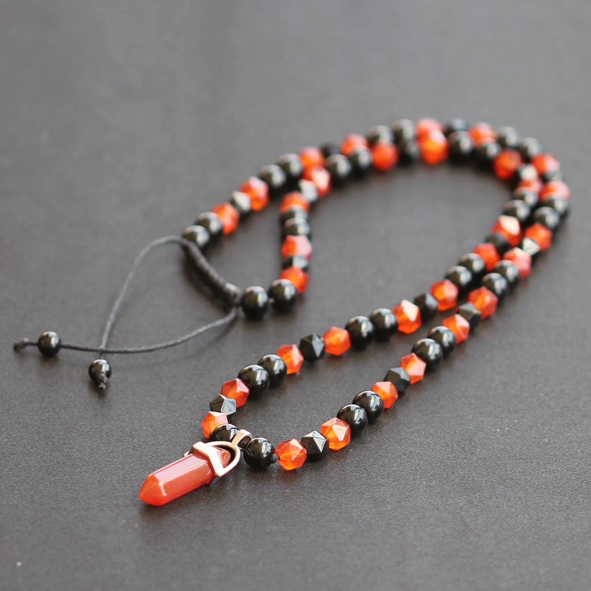 Natural Fire Agate Pointed Pendant, Fire Agate & Black Onyx Beaded Macrame Necklace - ElisaJewelryArt