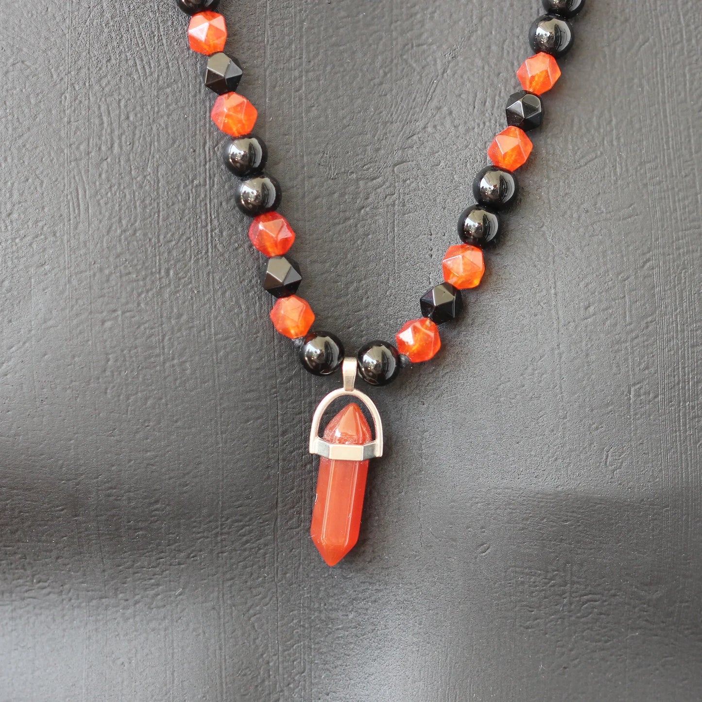 Natural Fire Agate Pointed Pendant, Fire Agate & Black Onyx Beaded Macrame Necklace - ElisaJewelryArt