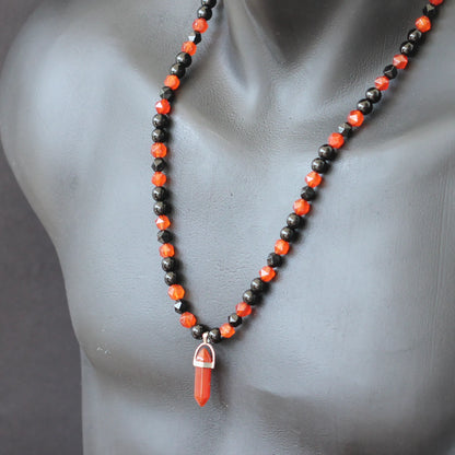 Natural Fire Agate Pointed Pendant, Fire Agate & Black Onyx Beaded Macrame Necklace - ElisaJewelryArt