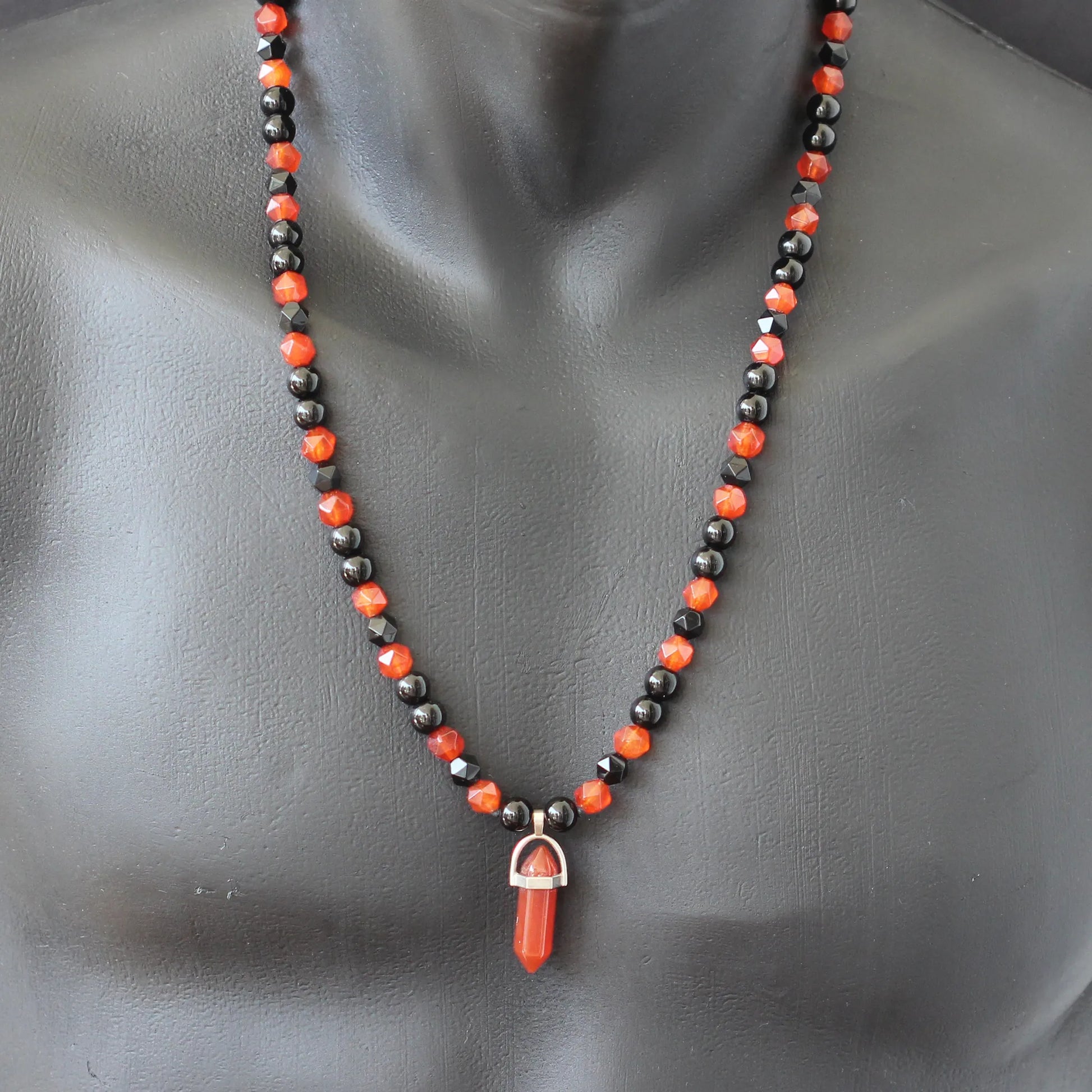 Natural Fire Agate Pointed Pendant, Fire Agate & Black Onyx Beaded Macrame Necklace - ElisaJewelryArt