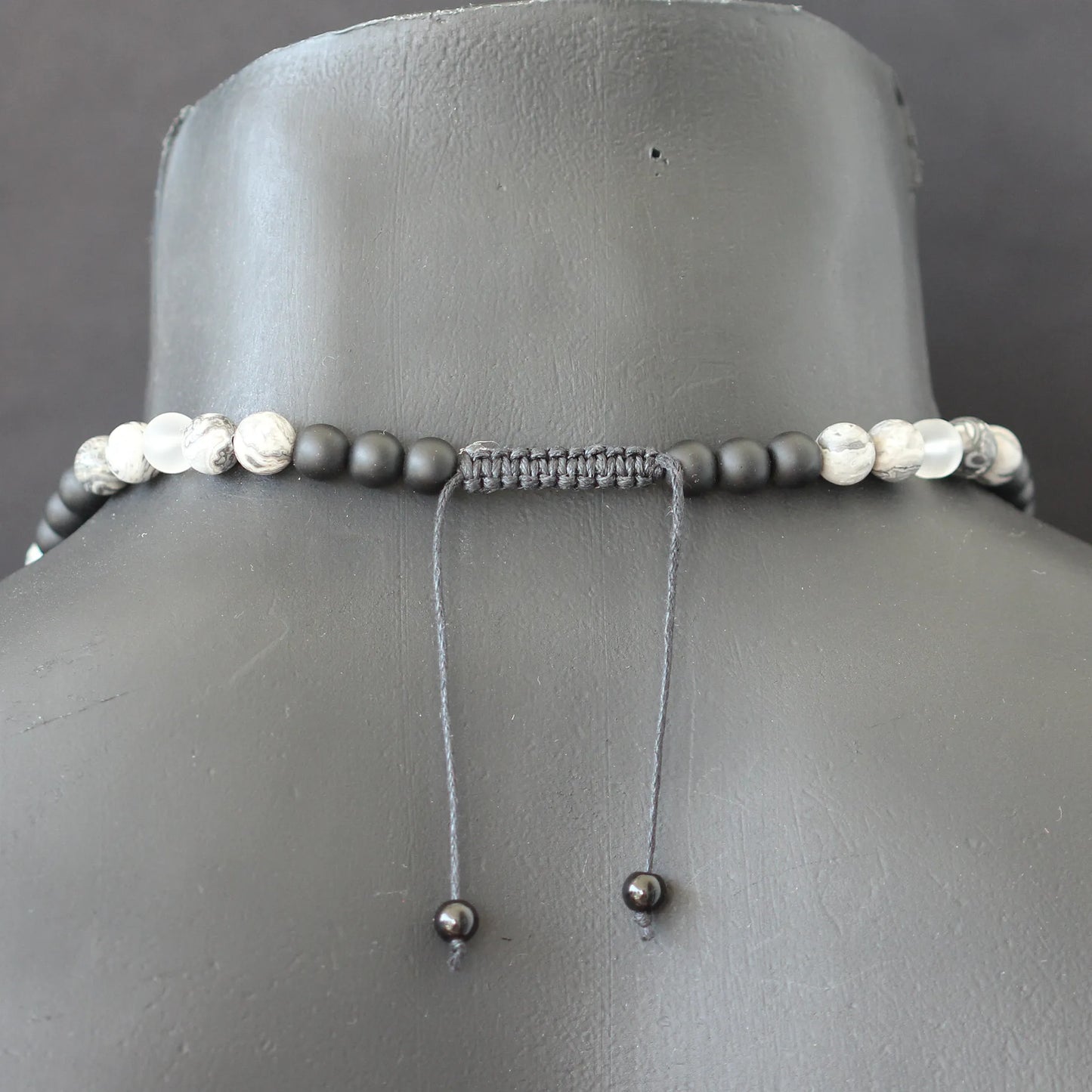 Natural Gray Picasso Jasper & Matte Quartz & Matte Black Onyx Beaded Macrame Choker Necklace - ElisaJewelryArt