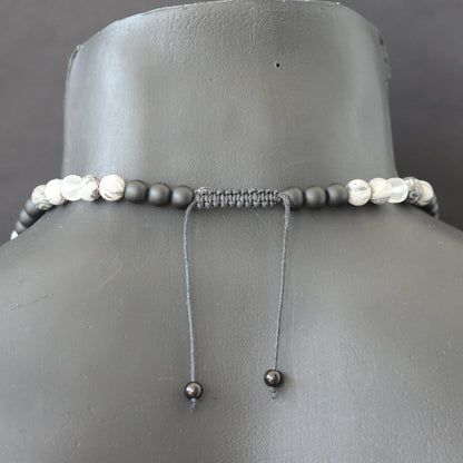 Natural Gray Picasso Jasper & Matte Quartz & Matte Black Onyx Beaded Macrame Choker Necklace - ElisaJewelryArt