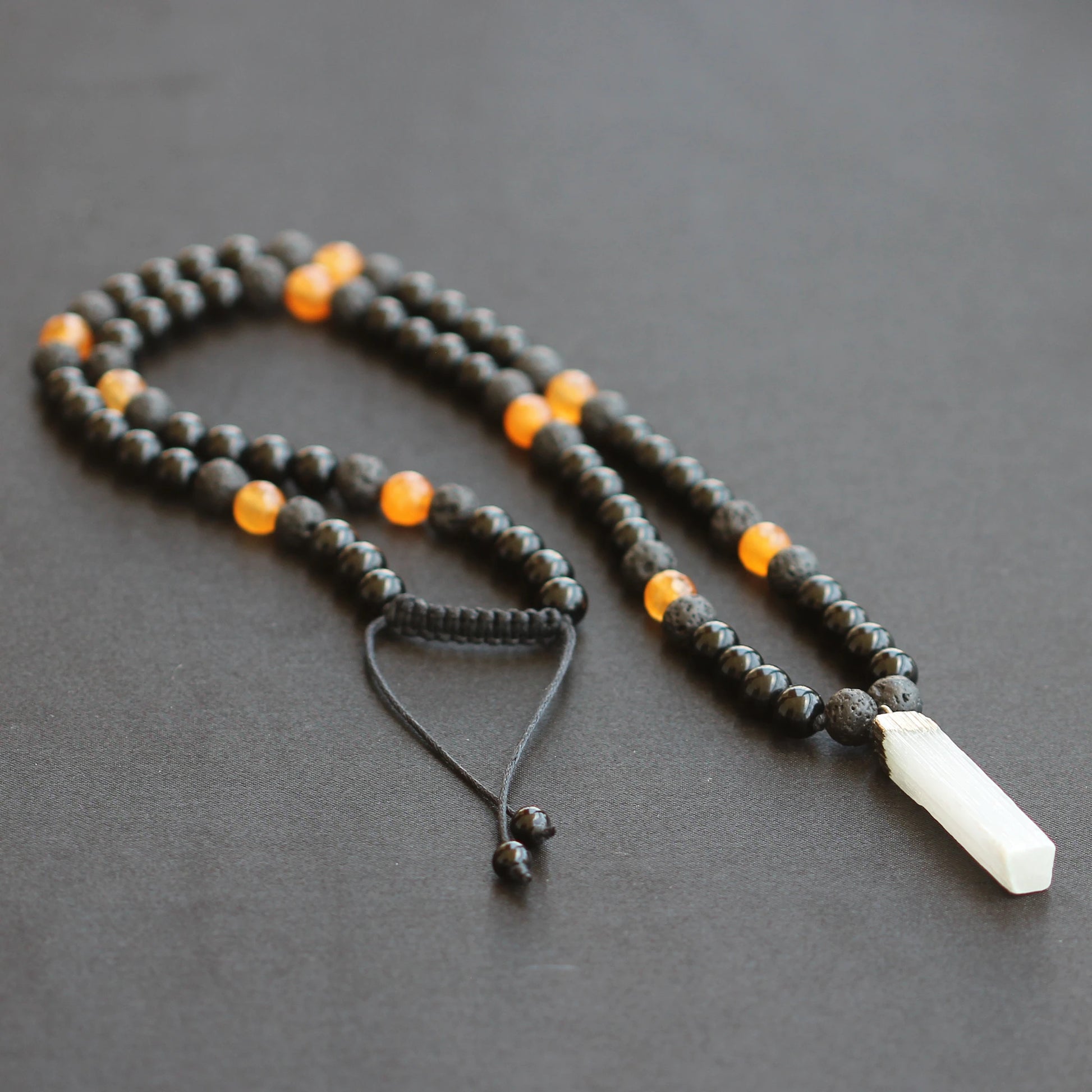 Natural Raw Selenite Pendant, Faceted Orange Agate & Black Onyx & Lava Stone Beaded Macrame Necklace - ElisaJewelryArt