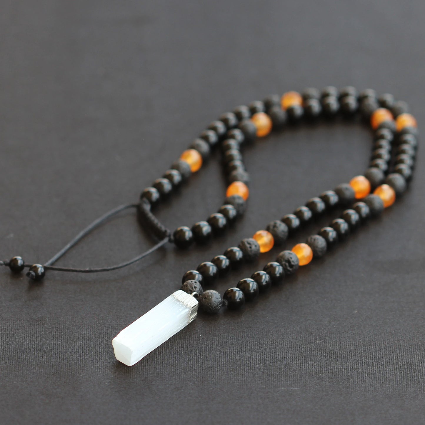 Natural Raw Selenite Pendant, Faceted Orange Agate & Black Onyx & Lava Stone Beaded Macrame Necklace - ElisaJewelryArt