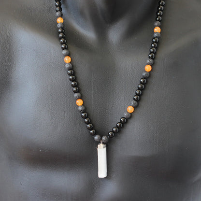 Natural Raw Selenite Pendant, Faceted Orange Agate & Black Onyx & Lava Stone Beaded Macrame Necklace - ElisaJewelryArt