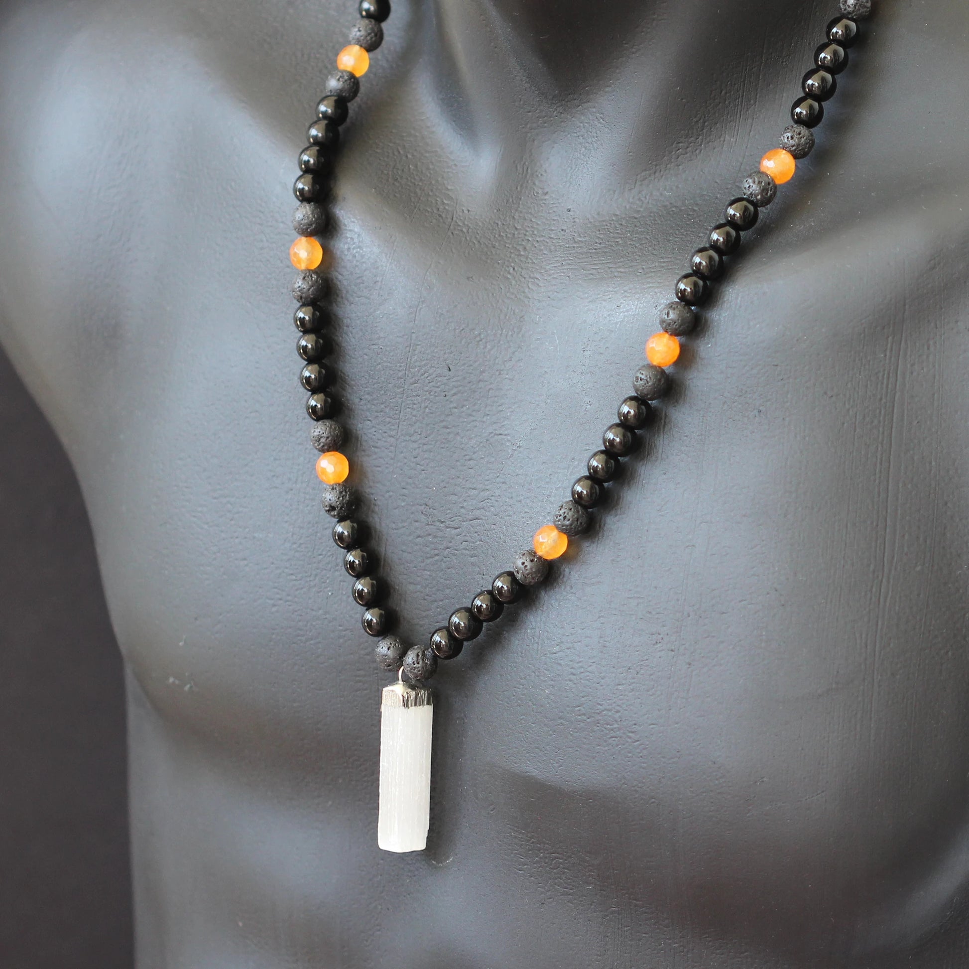 Natural Raw Selenite Pendant, Faceted Orange Agate & Black Onyx & Lava Stone Beaded Macrame Necklace - ElisaJewelryArt