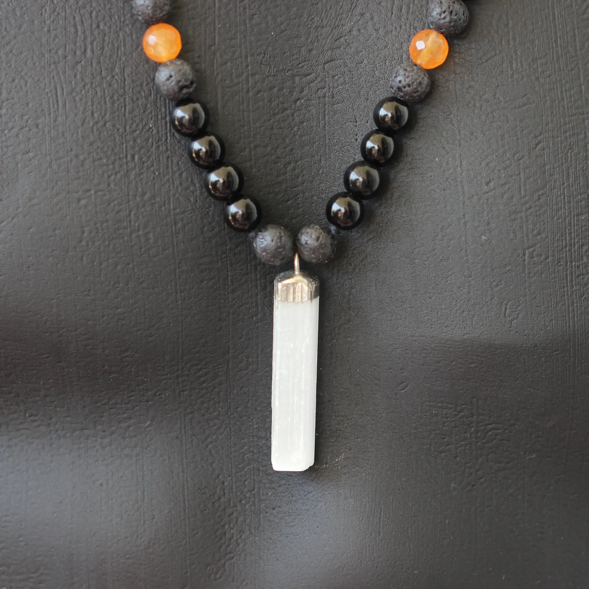 Natural Raw Selenite Pendant, Faceted Orange Agate & Black Onyx & Lava Stone Beaded Macrame Necklace - ElisaJewelryArt