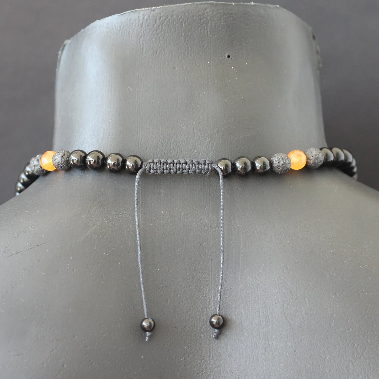 Natural Raw Selenite Pendant, Faceted Orange Agate & Black Onyx & Lava Stone Beaded Macrame Necklace - ElisaJewelryArt