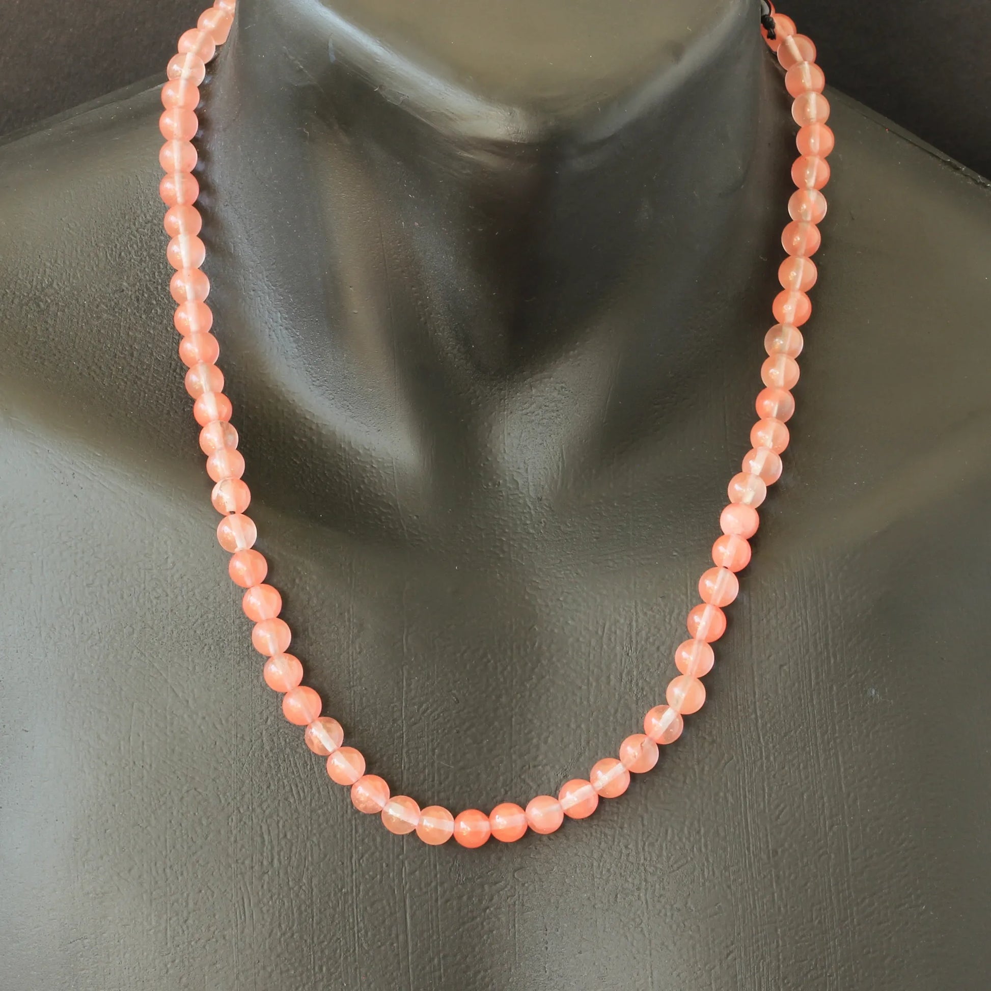 Natural Cherry Quartz Beaded Macrame Choker Necklace - ElisaJewelryArt