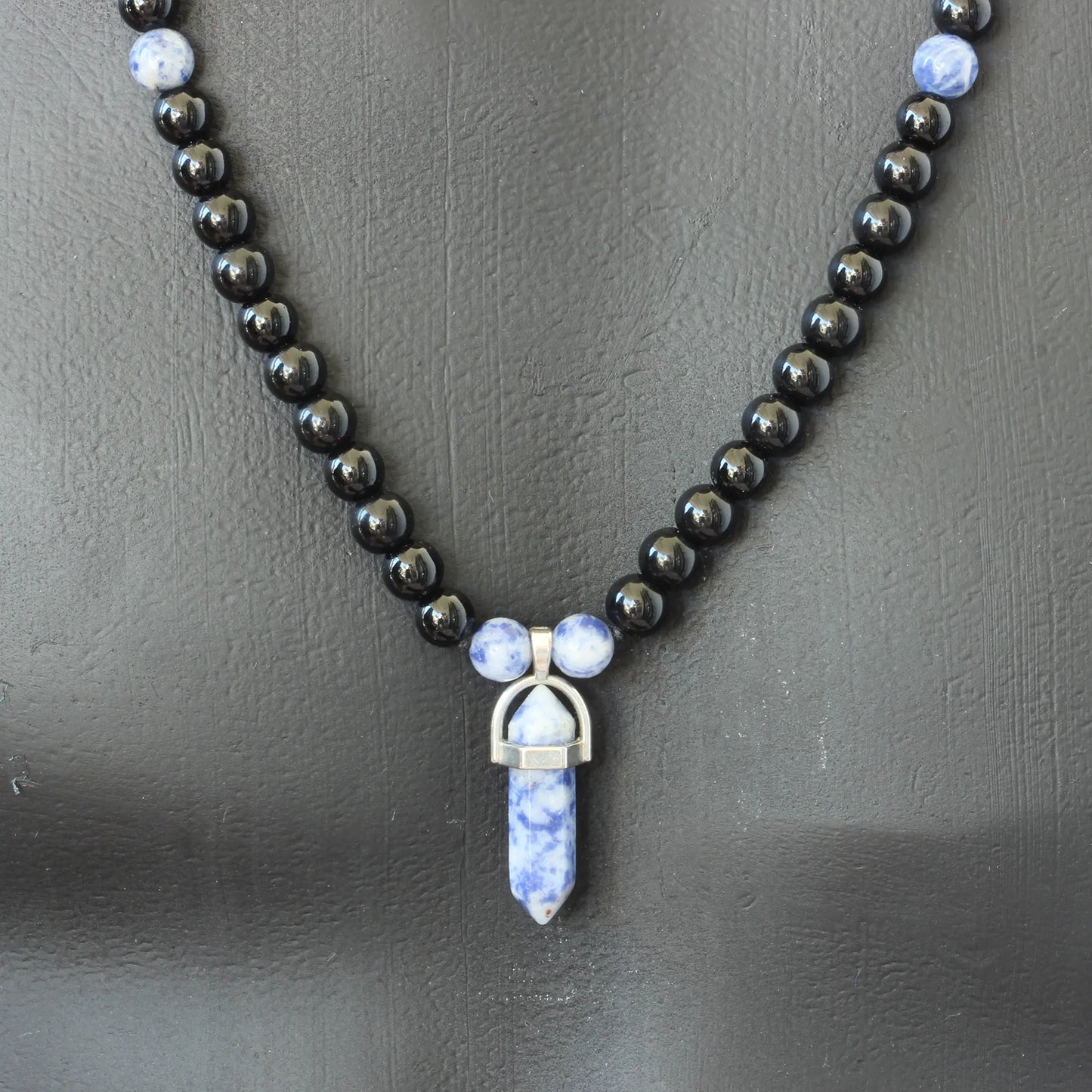 Natural Blue Spot Jasper Pointed Pendant, Blue Spot Jasper & Black Onyx Beaded Macrame Necklace - ElisaJewelryArt