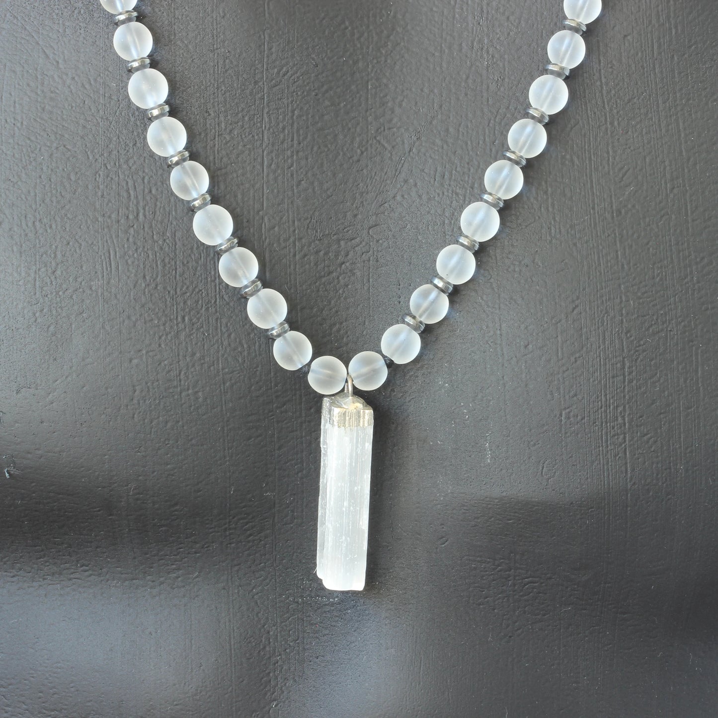 Natural Raw Selenite Pendant, Matte Quartz Beaded Macrame Necklace - ElisaJewelryArt