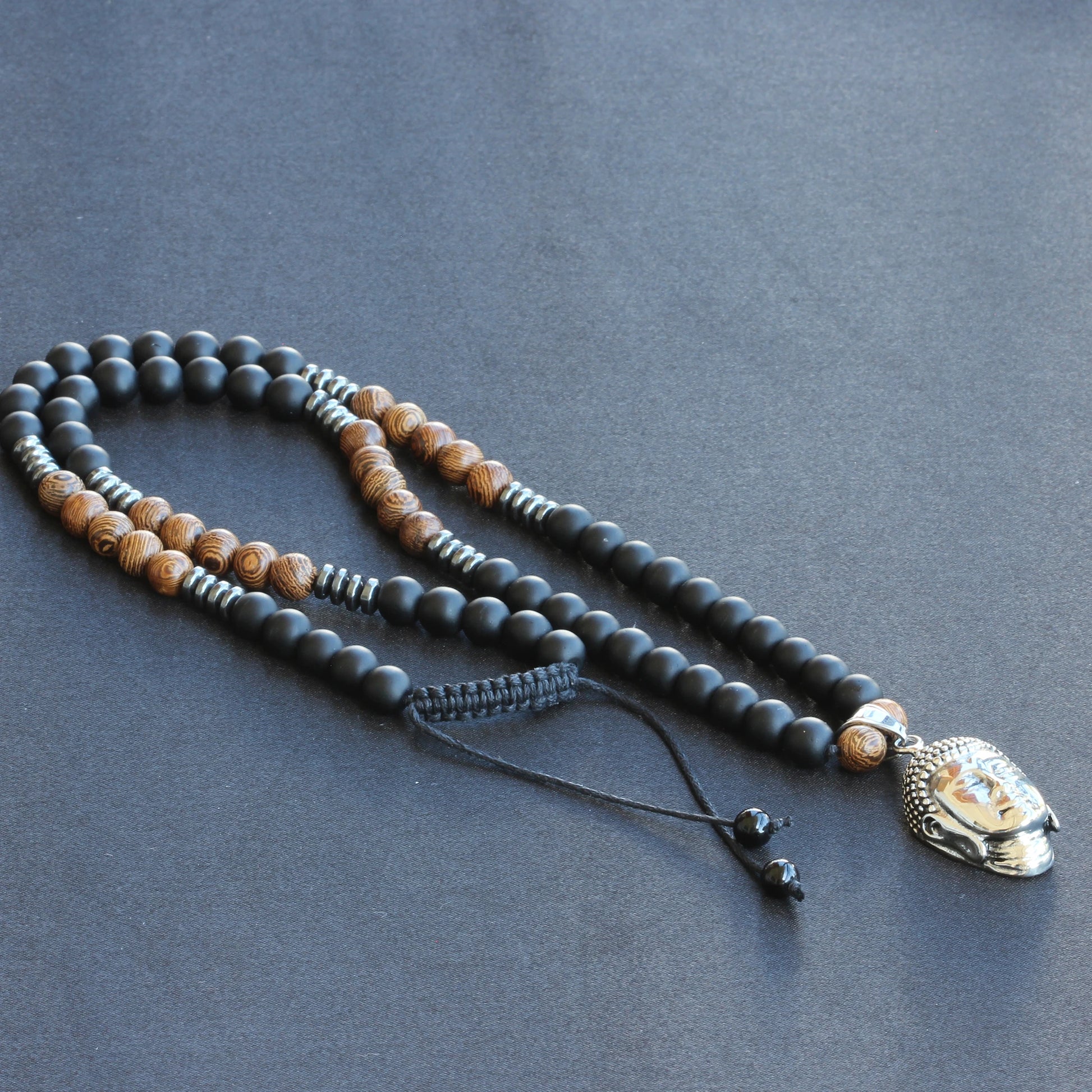 Stainless Steel Buddha Pendant, Natural Sandalwood & Black Onyx Beaded Macrame Necklace - ElisaJewelryArt